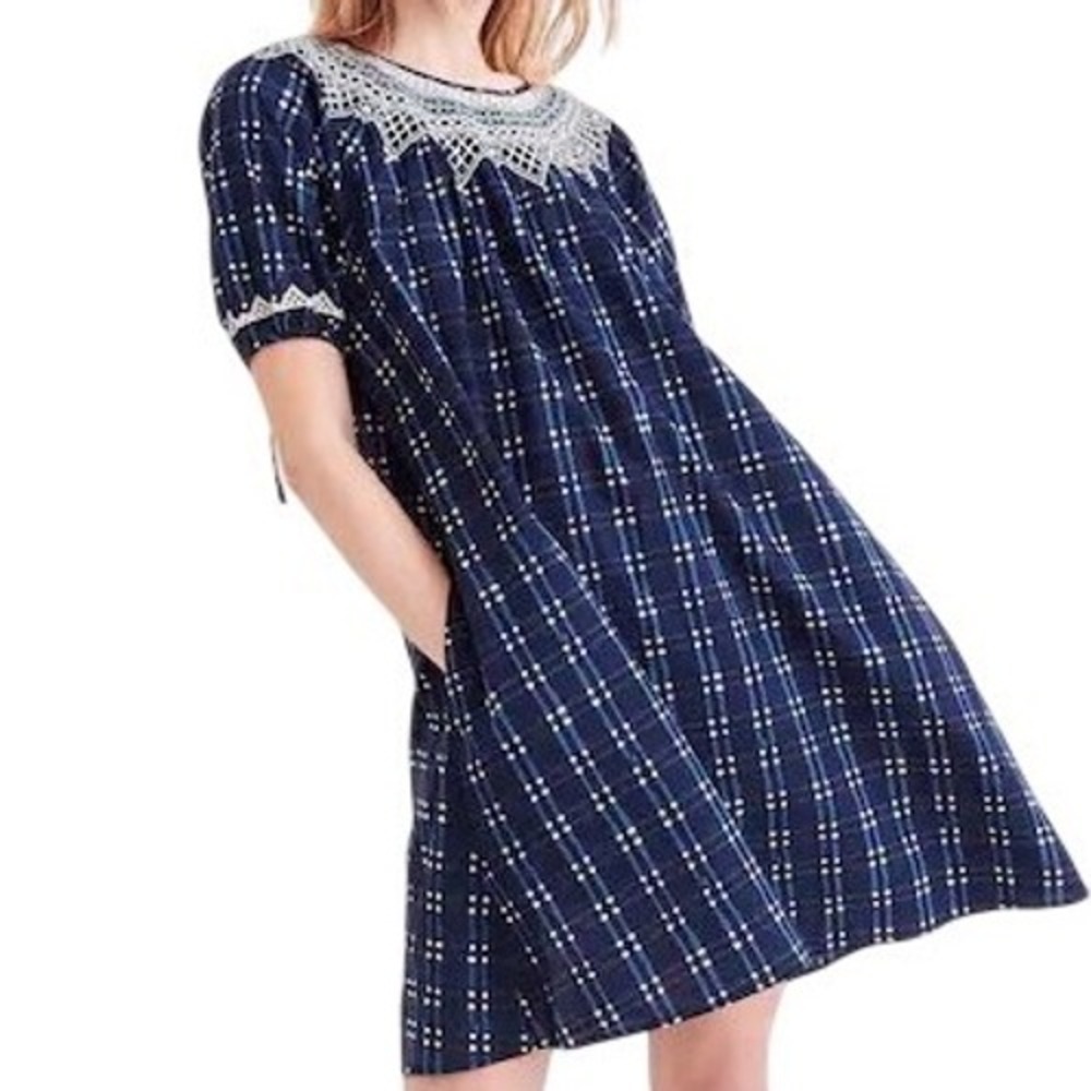 NWT Madewell Embroidered Puff-Sleeve Babydoll Dress Indigo Plaid Size XS Preppy‎
